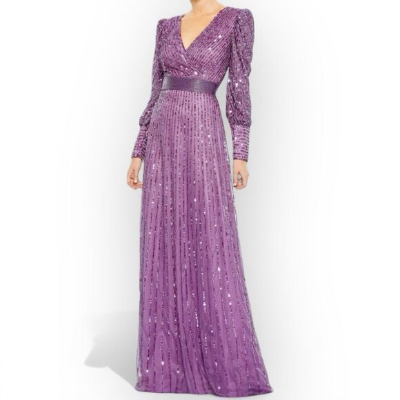 Mac Duggal 5720 Size 4 Gown Purple V-Neck Sequined Wrap‎ Bishop Long Sleeve - Picture 1 of 12